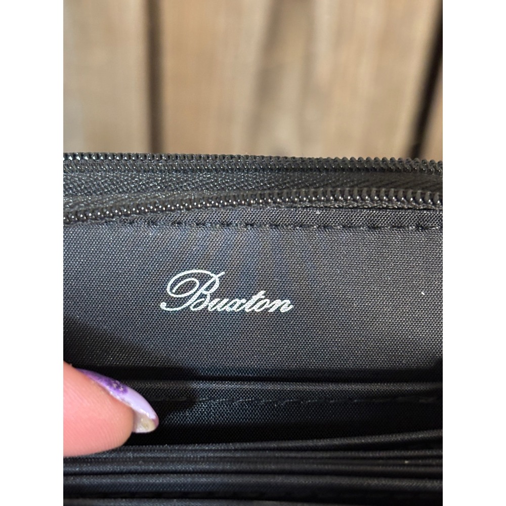 Buxton Black Genuine Leather Accordion Card Wallet Zip Around ID Window 4.5x3